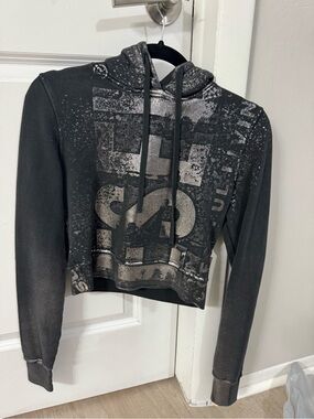 Diesel Black Cropped Graphic Hoodie with Metallic Print